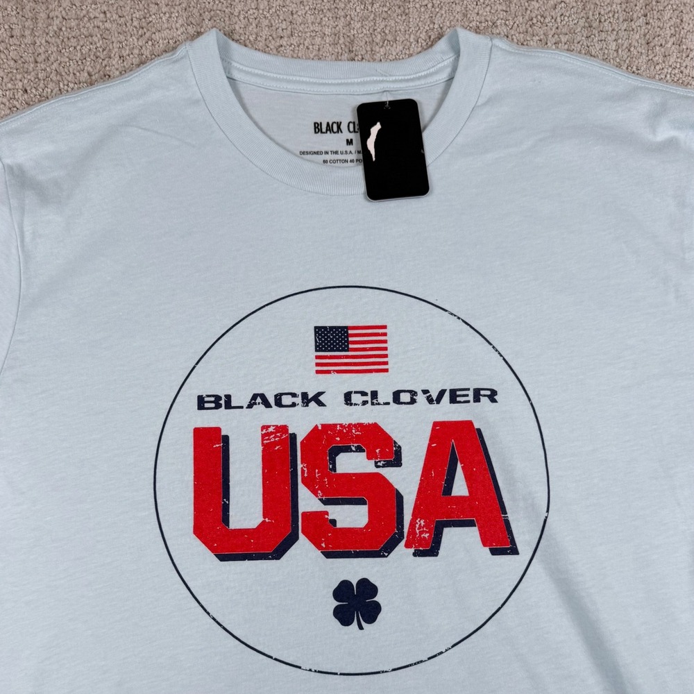 NEW Black Clover Mens Medium Ice Blue USA American Flag Graphic Lincoln T-Shirt